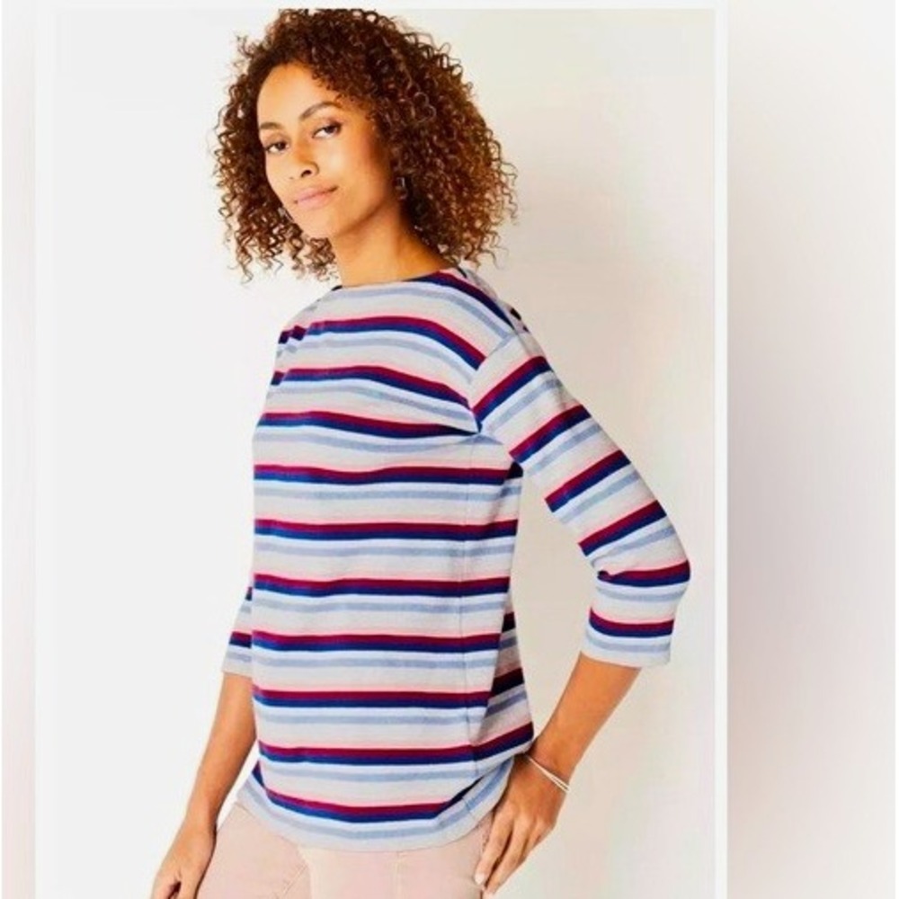 J. Jill Striped Boat Neck 3/4 Sleeve Knit Top Women Medium Blue Pink Berry Red